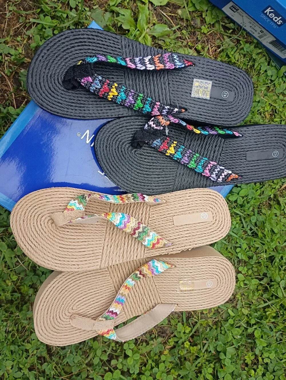 women’s Black and Tan Rope Flip Flops wedges/ Sandals  Woven Straps lot of 2